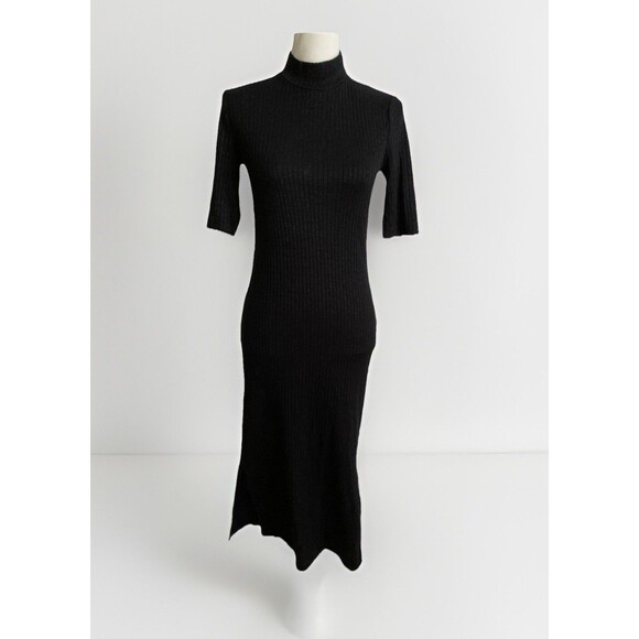 Massimo Dutti Black Maxi Dress M Mock Neck Rib Knit Side Slit Minimalist Chic - Picture 1 of 7